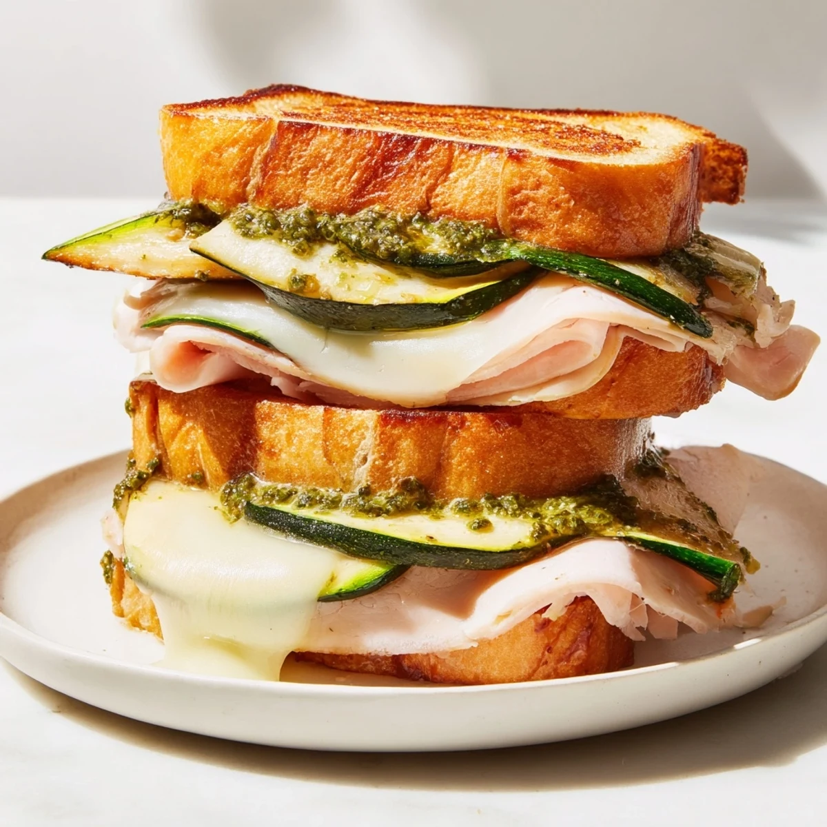 Stacked Pesto Turkey Zucchini Grilled Cheese, showcasing roasted zucchini and savory turkey on toasted bread.