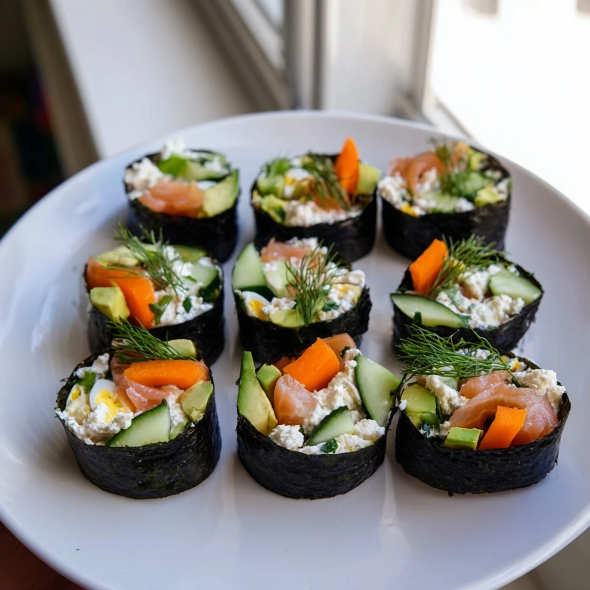 Vibrant High-Protein Sushi Wrap Smoked Salmon Holiday Roll, ready for serving with soy and ginger.