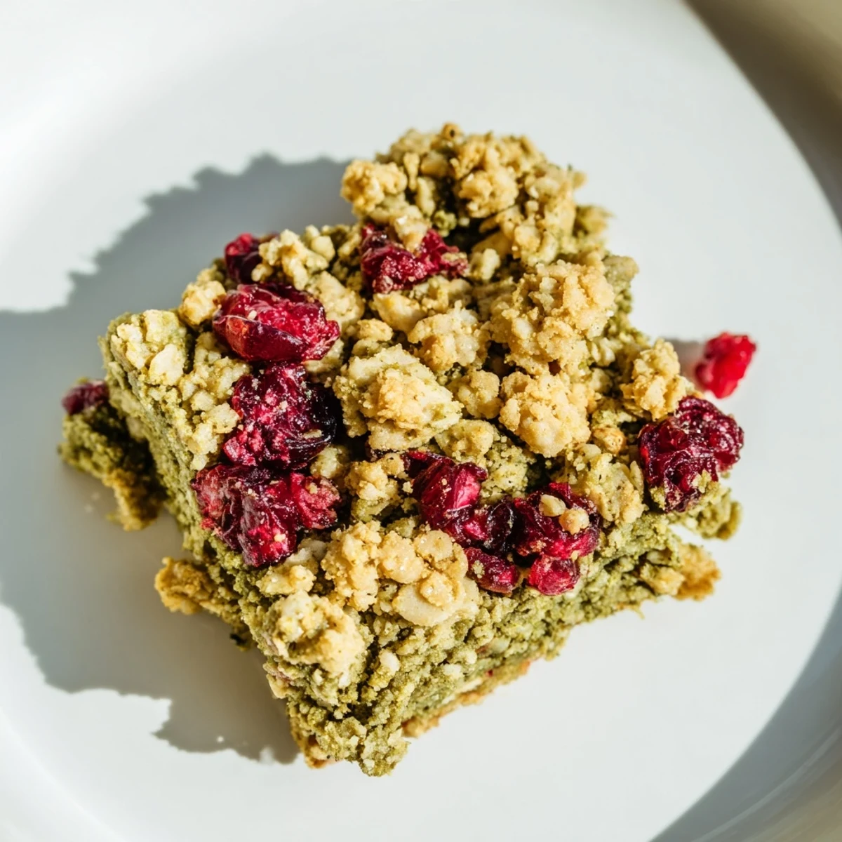 Golden, crumb-topped Matcha Cranberry Oat Crumble Bars, delicious and perfect for a quick breakfast.
