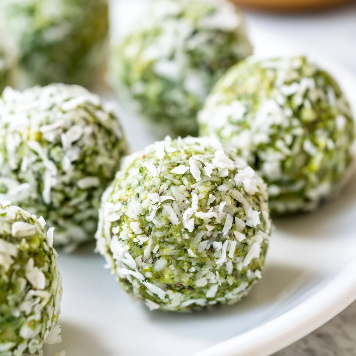 Creamy Coconut Matcha Snowball fat bombs covered in coconut flakes, a keto-friendly dessert.