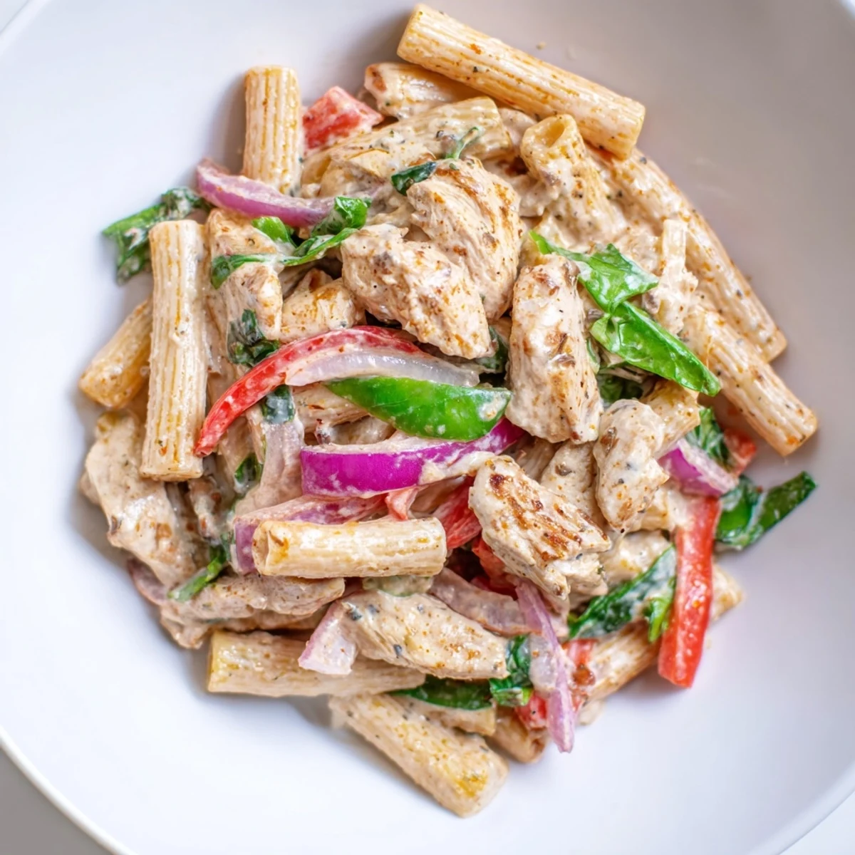A creamy plate of Cajun Dirty Snow Chicken Pasta, showcasing colorful vegetables, perfect for dinner.