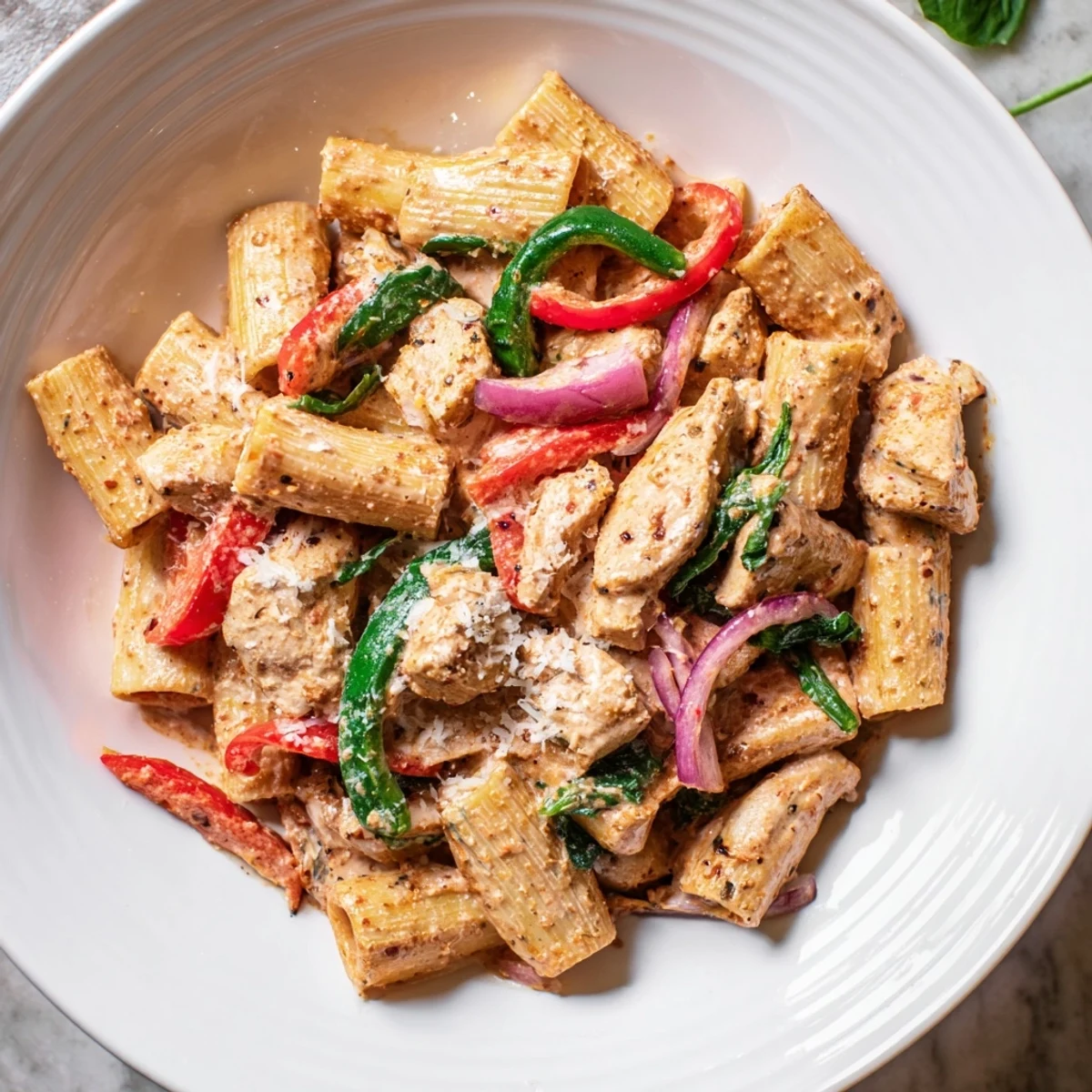 This photo of Cajun Dirty Snow Chicken Pasta shows a rich, white sauce with tender chicken and pasta.