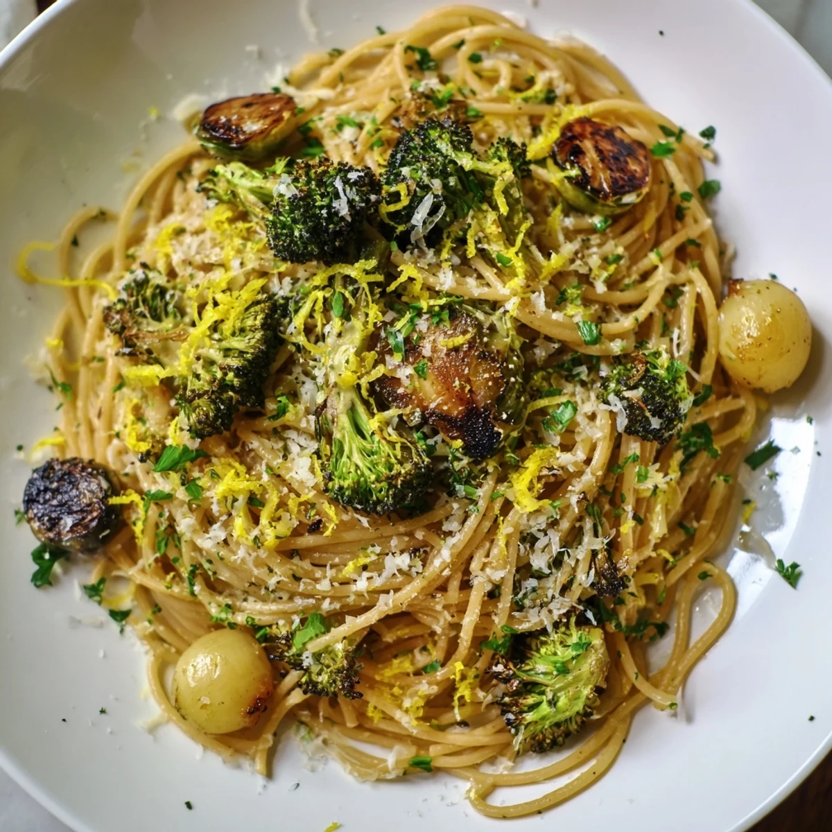 Lemony Roasted Garlic Lemon Broccoli Angel Hair Pasta, a delicious vegetarian pasta dish, perfect for lunch.