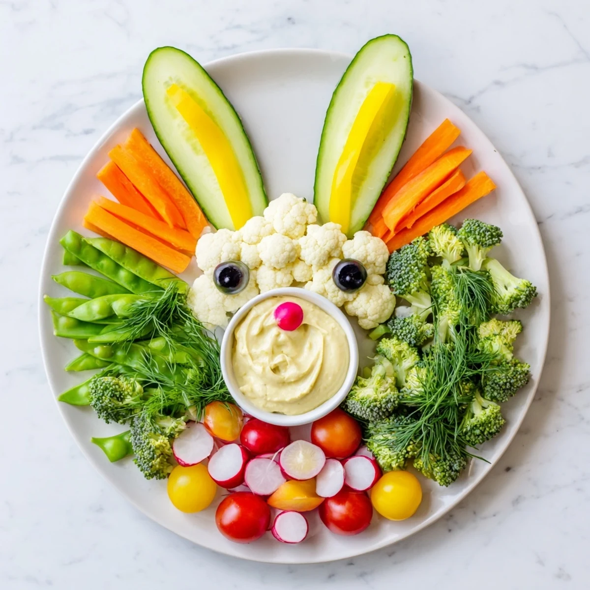Bunny Meadow Veggie Board with colorful veggies arranged like a spring bunny, perfect for Easter celebrations.