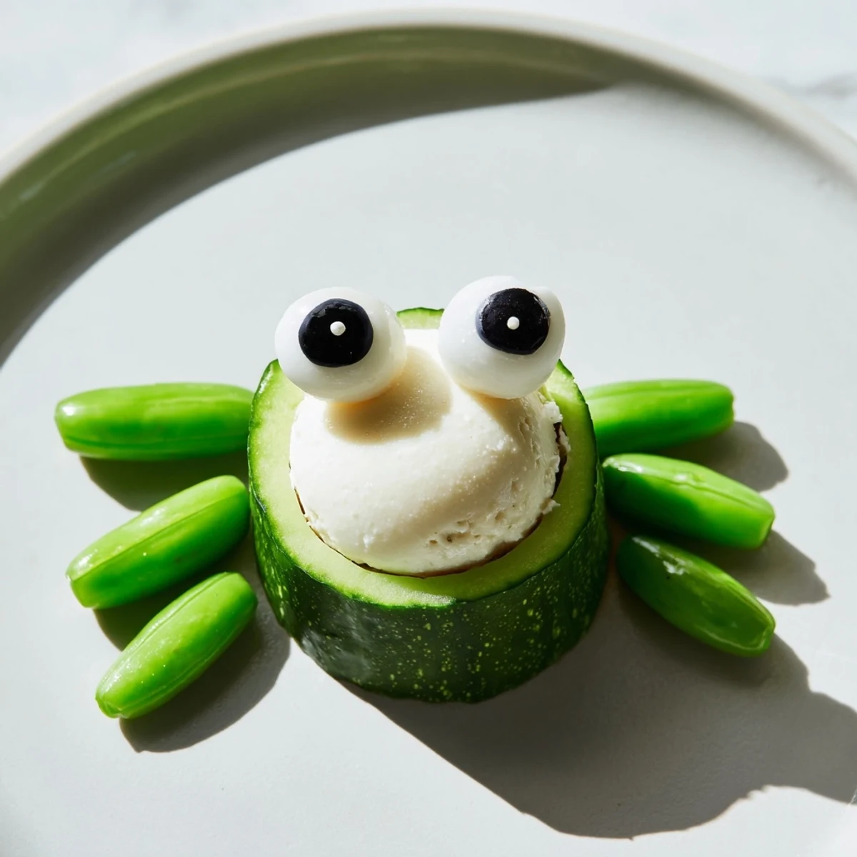 Vibrant Frog Pond Snack Tray: Cucumber lily pads host cheese frog bodies with candy eyes.