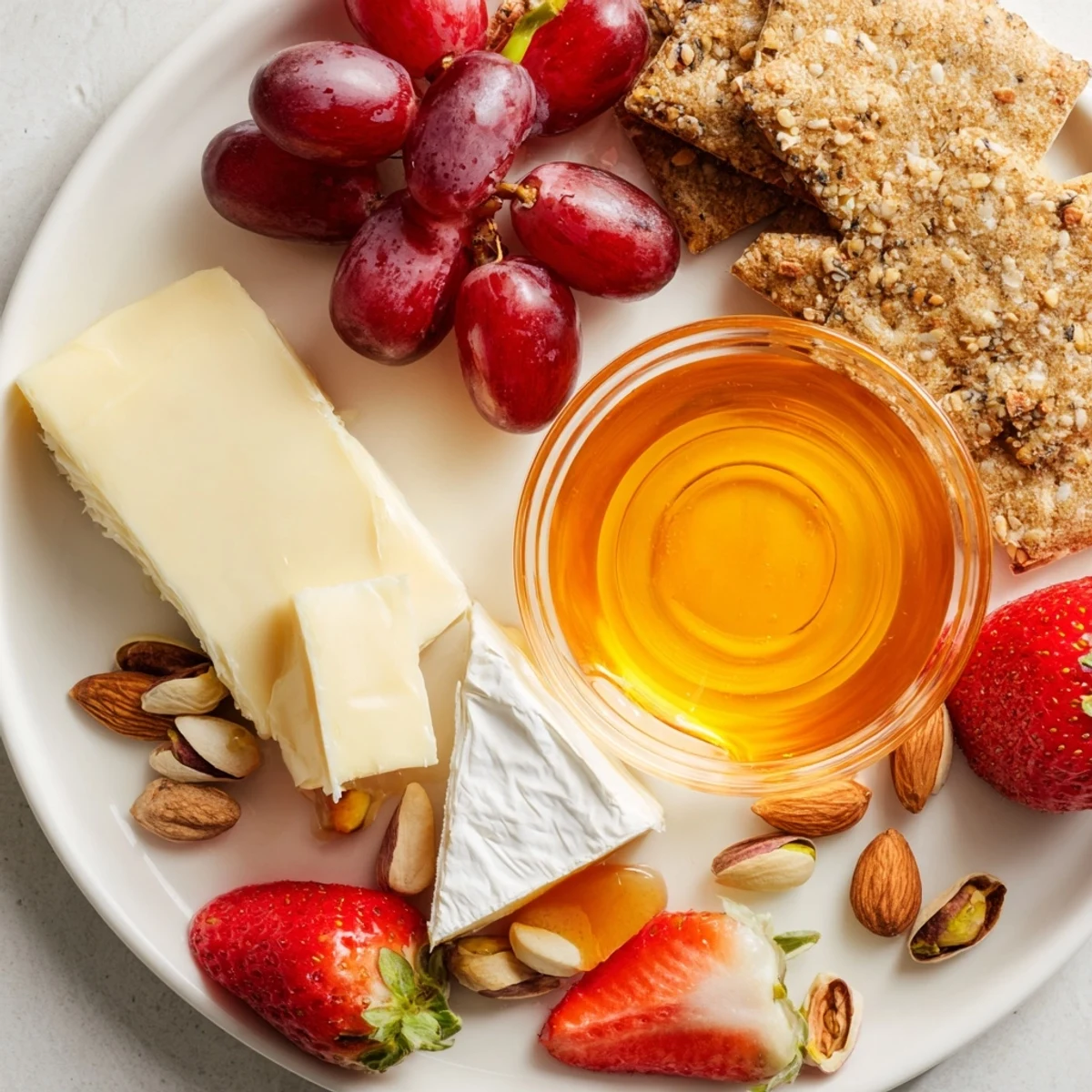 Delicious Bears Honey Pot Board overflowing with fresh fruits, cheese, crackers, nuts, and golden honey for dipping.