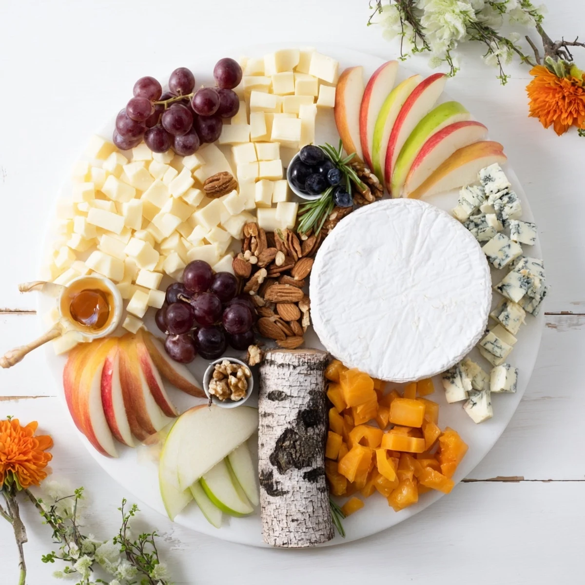 Delectable Woodland Creature Cheese Platter arranged with cheeses, fruits, and rosemary, perfect for an appetizer.