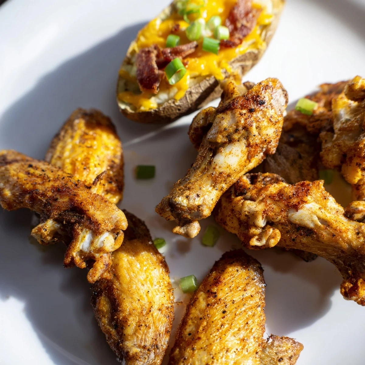 A large platter of Touchdown Football Tailgate Spread, featuring crispy wings, potato skins, and colorful veggies.