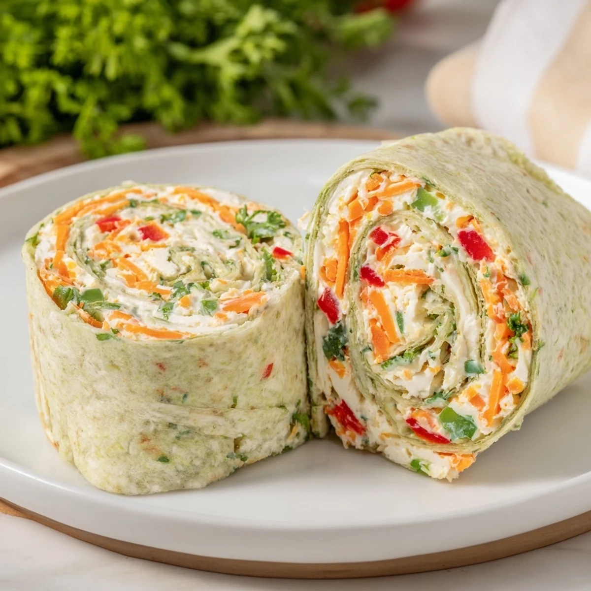 Vibrant Cozy Scarf Holiday Pinwheel Wraps, filled with fresh vegetables, perfect for a visually appealing party snack.