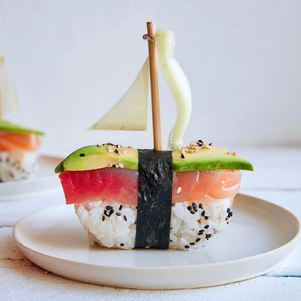 Freshly made Sushi Sailboats at Sea, featuring vibrant fish and veggie toppings, ready to enjoy.