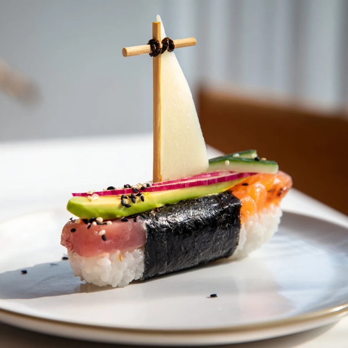 Playful Sushi Sailboats filled with tuna and salmon, perfect for a party, bursting with fresh flavors.