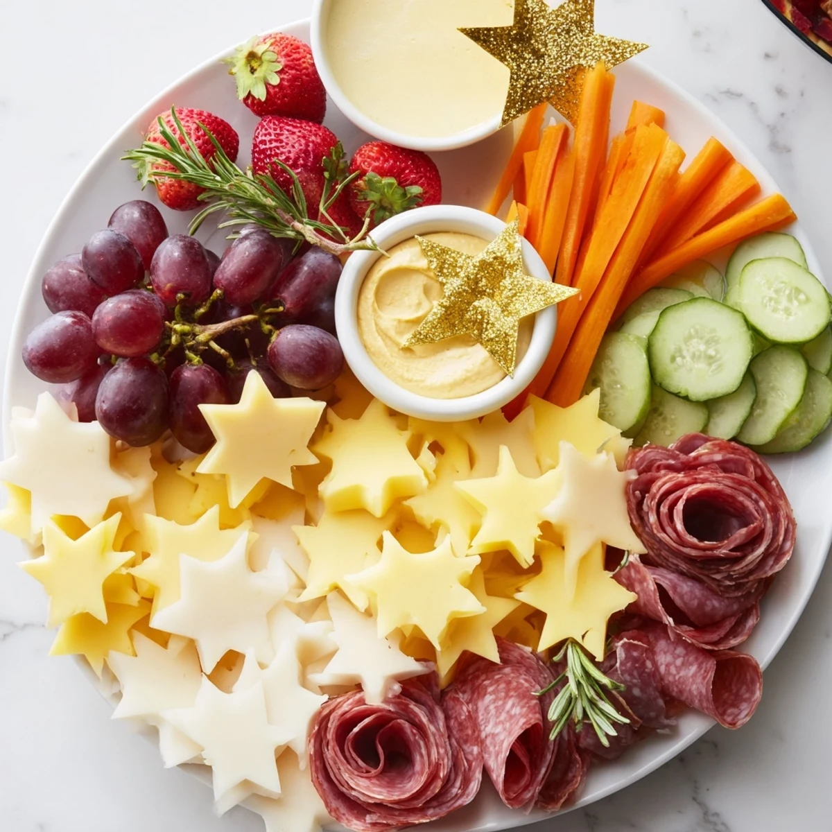 A vibrant Happy New Year 2026 Star Board bursting with colorful fruits, cheese stars, and savory meats.