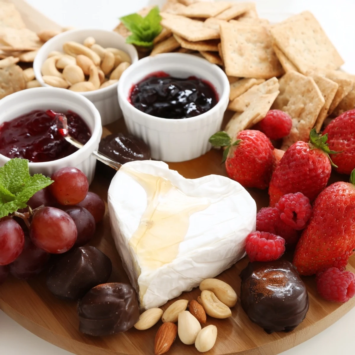 Delectable Sweetheart Brie and Jam Board with a heart-shaped Brie, perfect for sharing and easy enjoyment.