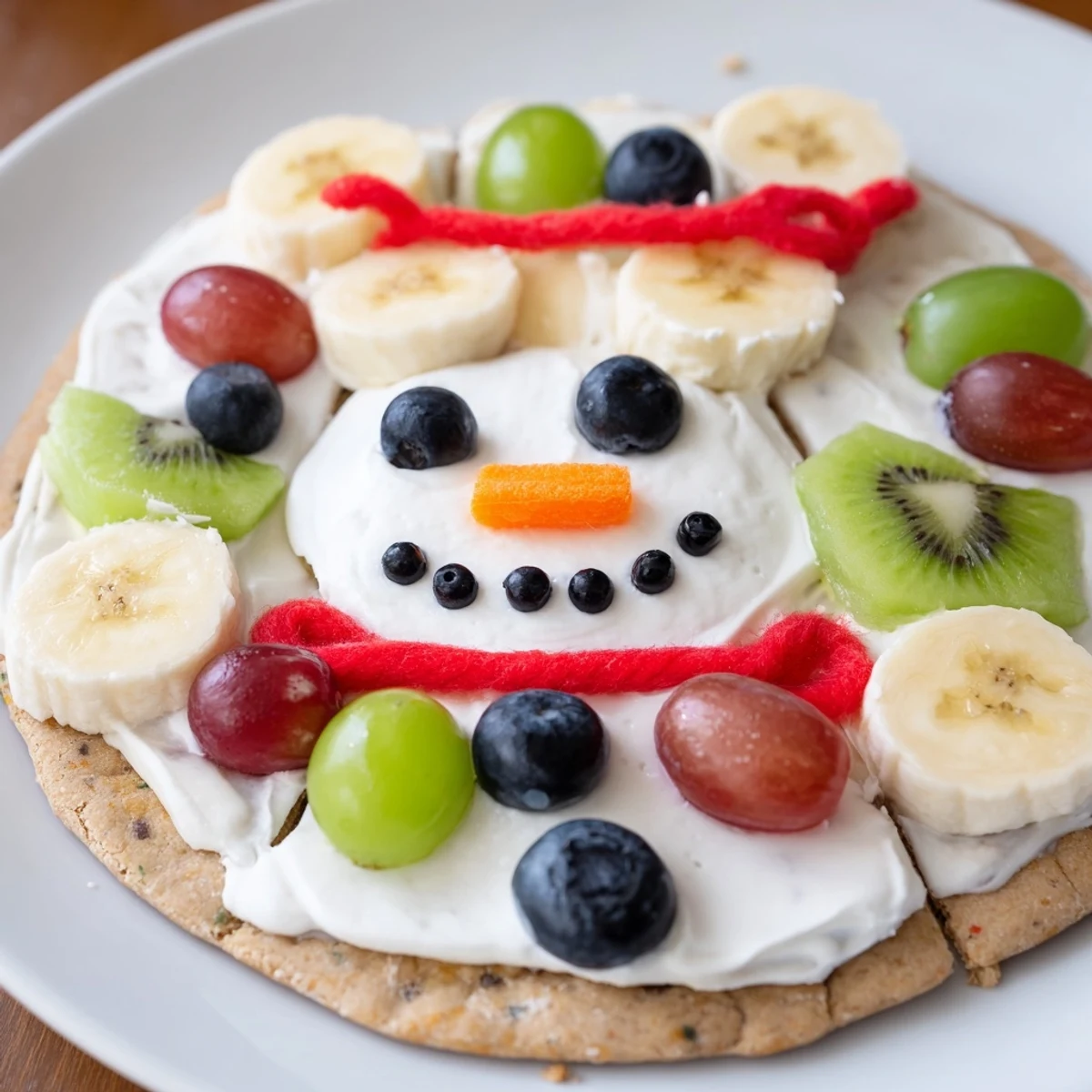Melting Snowman Fruit Pizza, a festive dessert with marshmallow snowmen, banana bases, and colorful fruit.