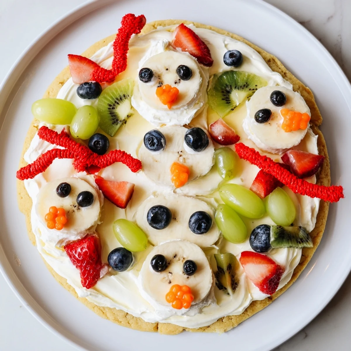 This Melting Snowman Fruit Pizza delights with a sugar cookie base, creamy frosting and chocolate chip eyes.
