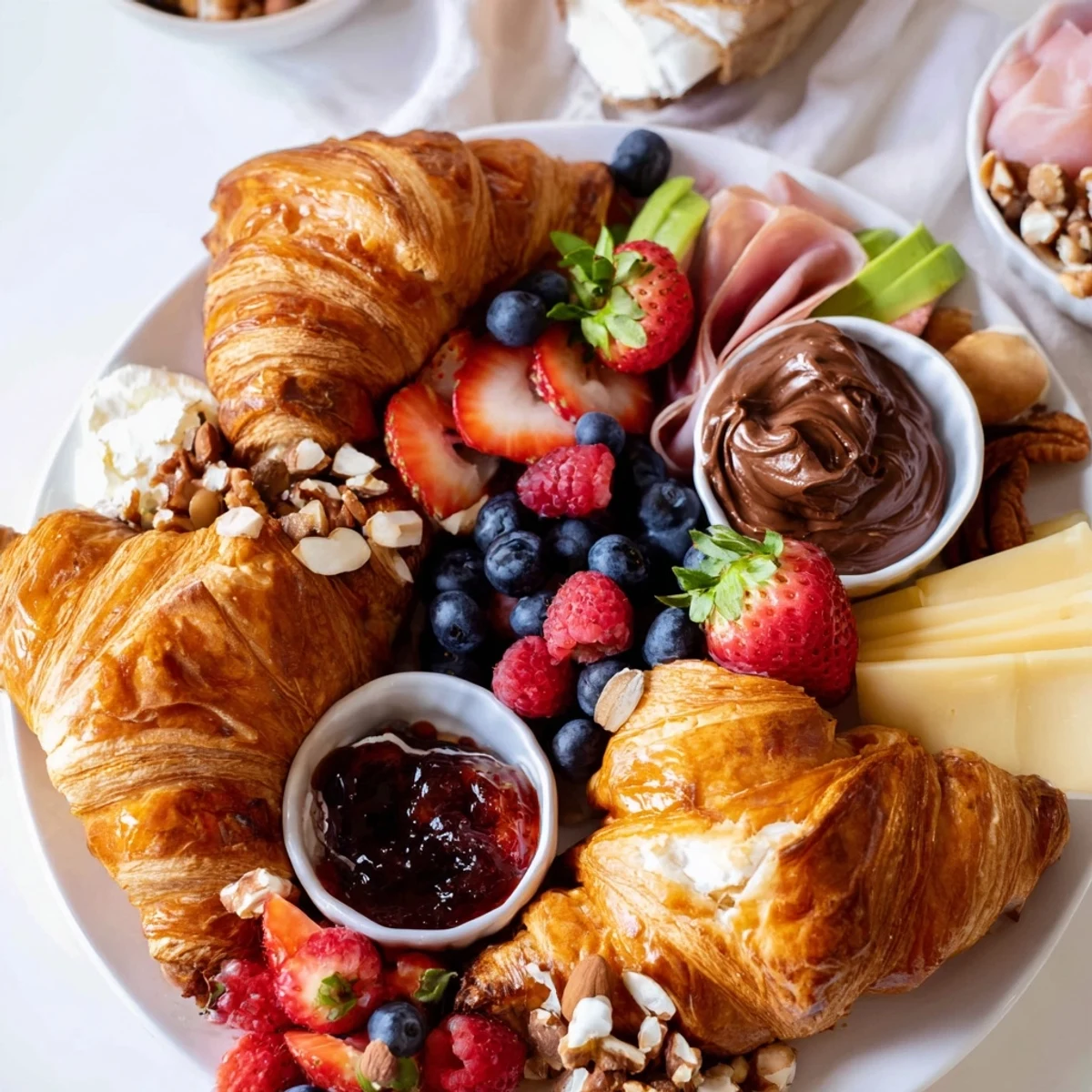 Golden-brown Cozy Fireplace Croissant Board, a beautiful breakfast featuring sweet jams alongside savory brie.