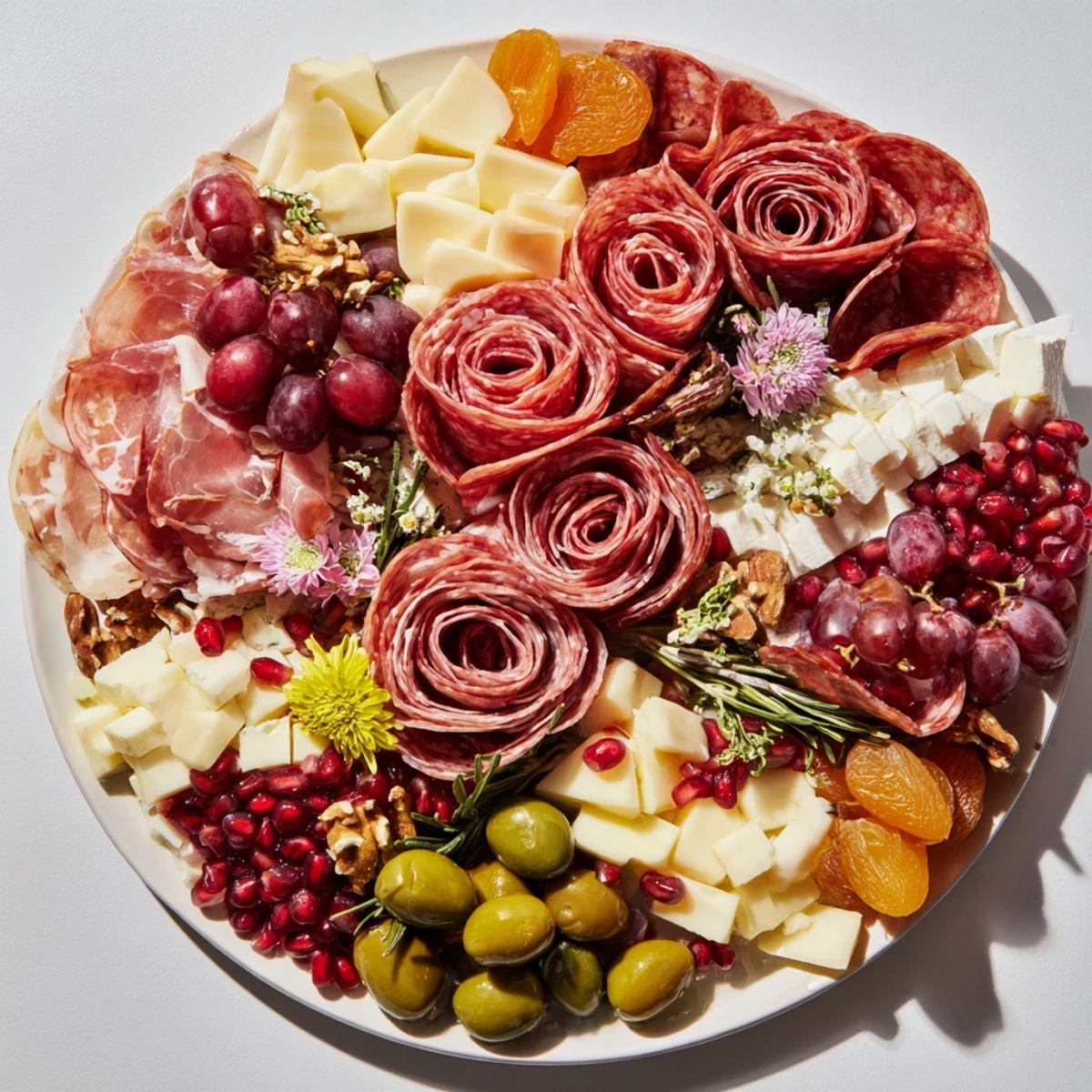 Artistically arranged charcuterie, including beautiful meat roses, ready to serve for a holiday feast.