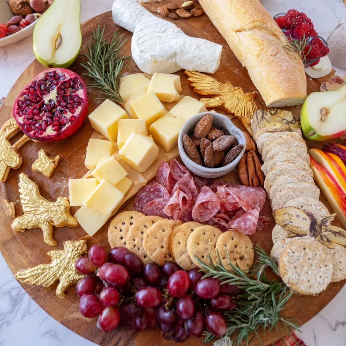 A mouthwatering Twelve Days of Christmas Snack Board displays cheese, crackers, fruit, and sweets for a festive holiday appetizer.