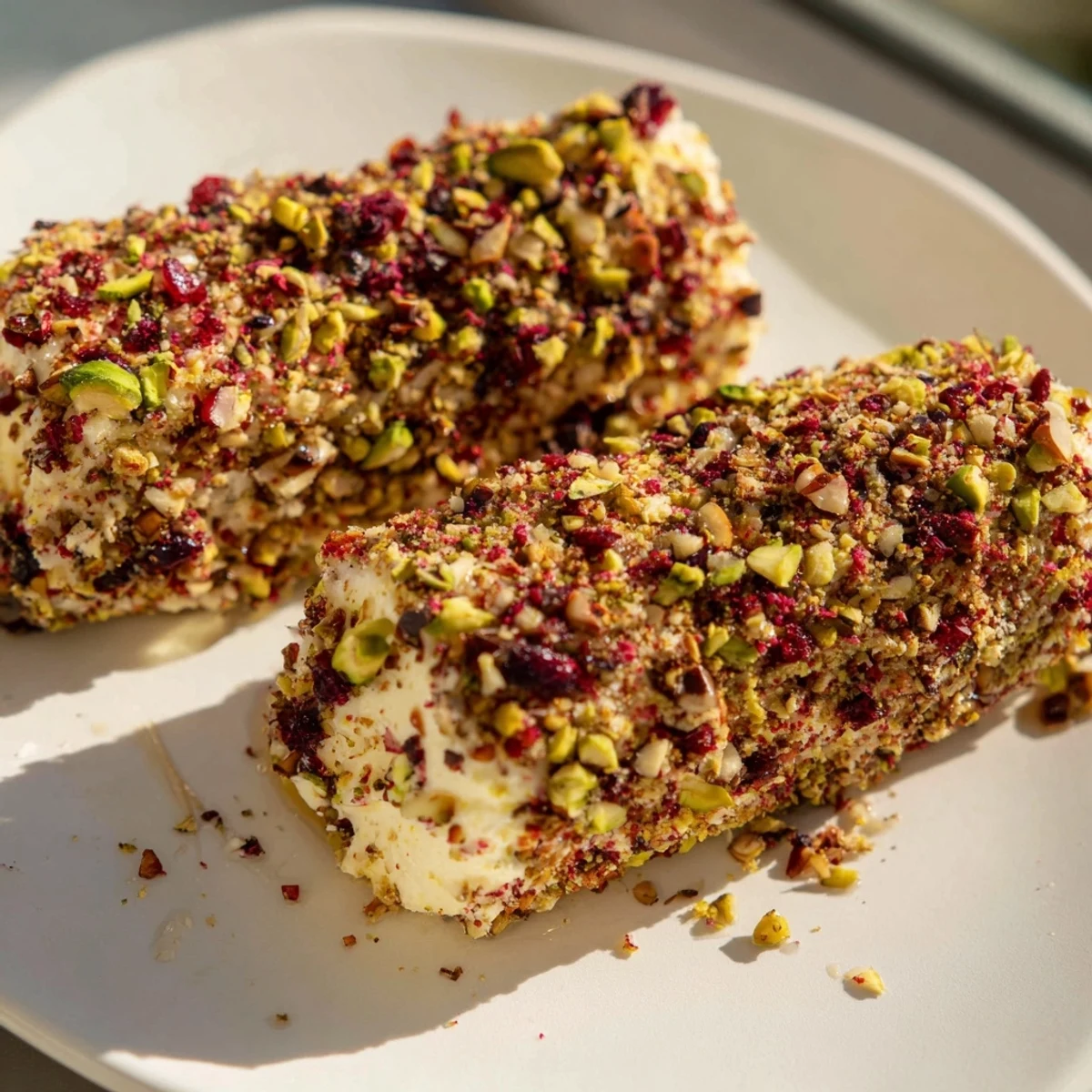 Festive Cranberry Goat Cheese Logs, creamy cheese rolled in sweet cranberries and nuts, ready to serve on a board.