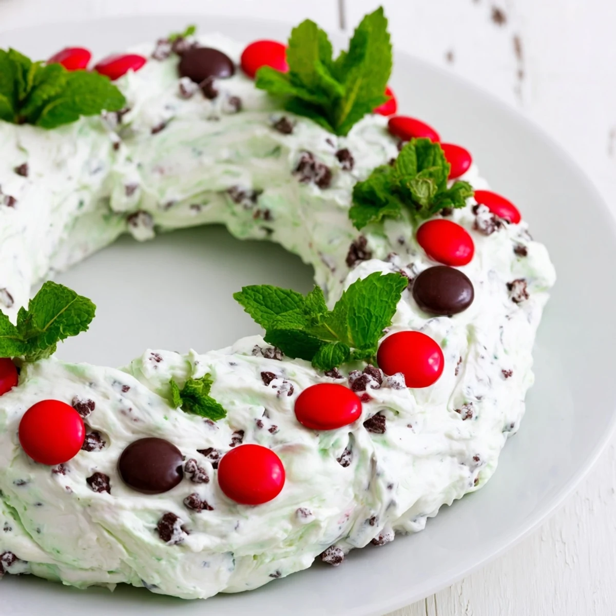 Festive Mint Chocolate Chip Dip Wreath with red candies and fresh mint offers a delicious holiday treat.