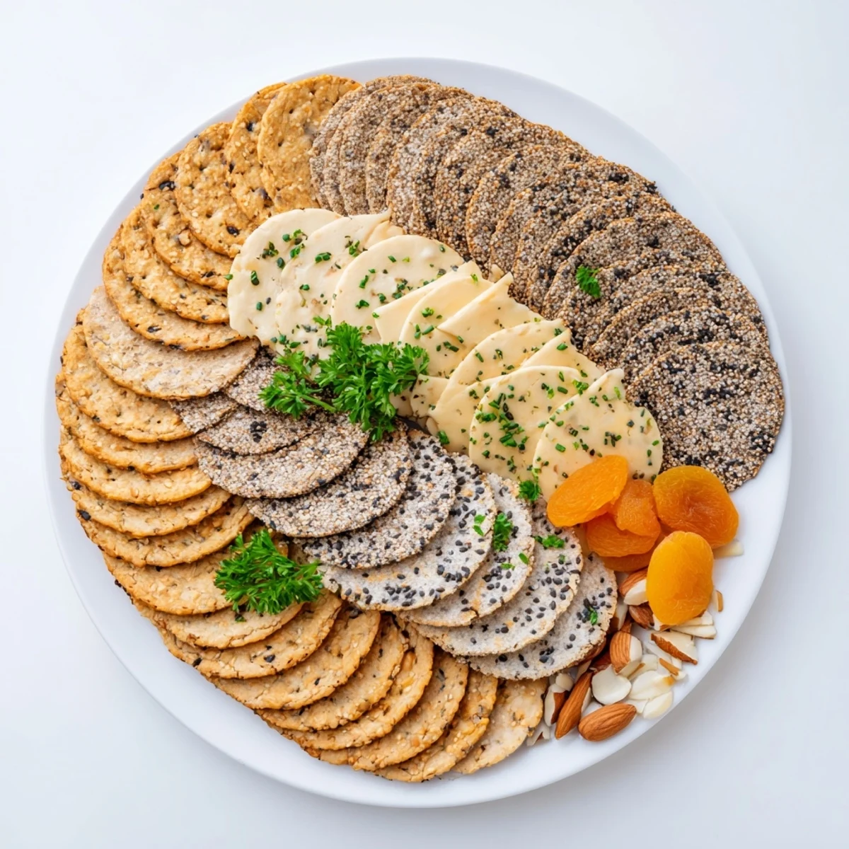 Close-up of a gourmet crackers assortment, with herbs and nuts, a beautiful appetizer.