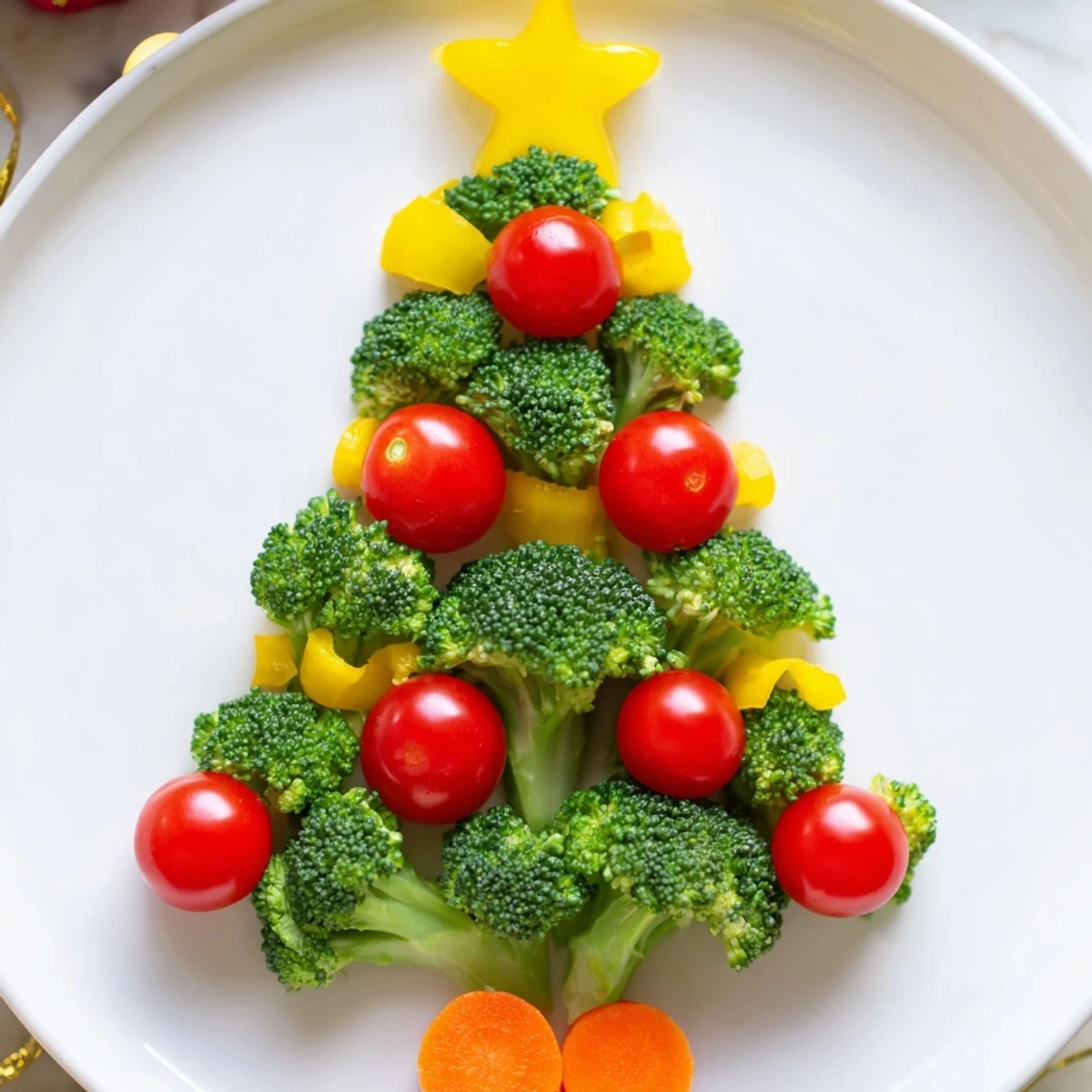 Vibrant Broccoli Tree with bright red cherry tomato "ornaments," a healthy holiday appetizer.