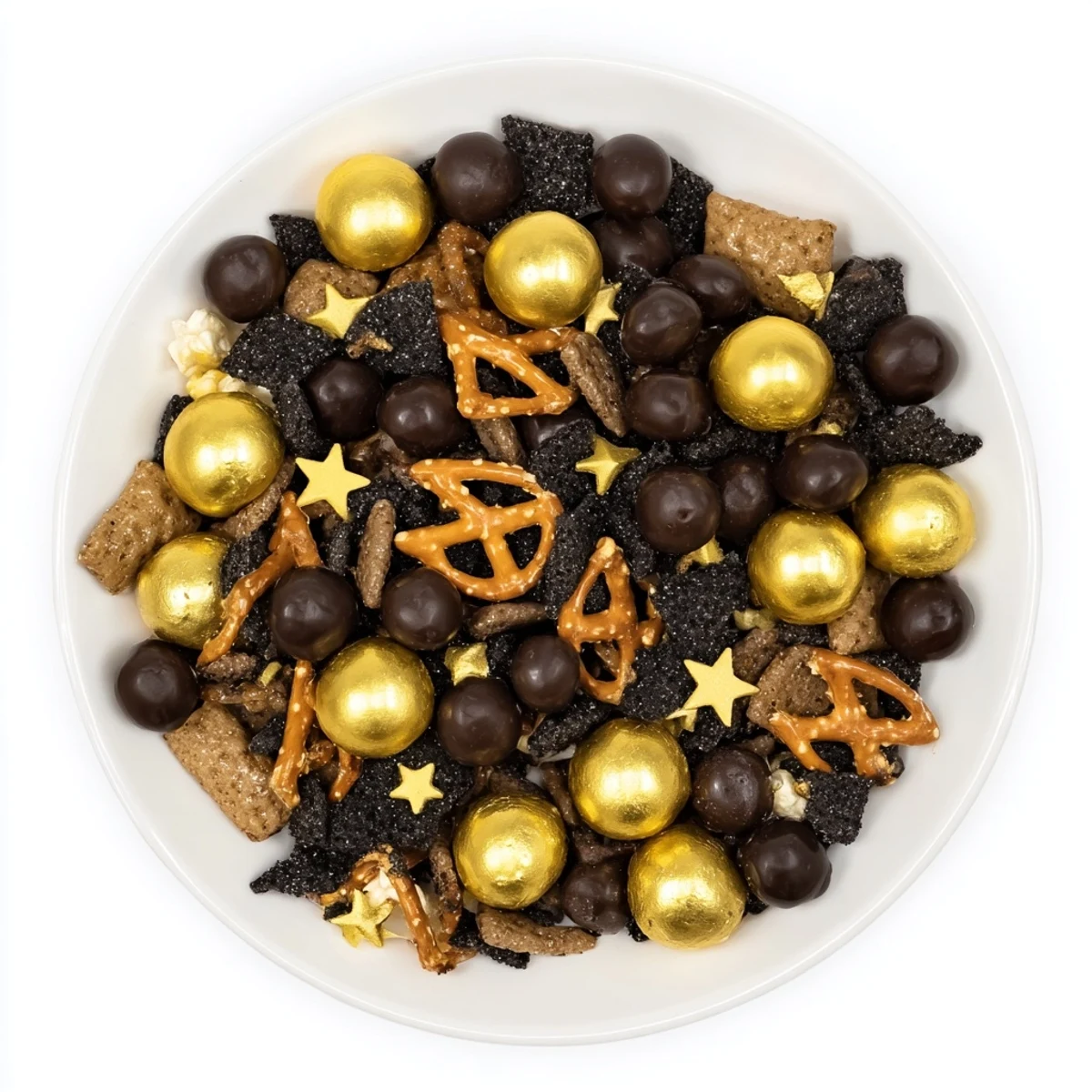 Golden candy-coated chocolates and midnight snack mix make a festive New Year's treat.