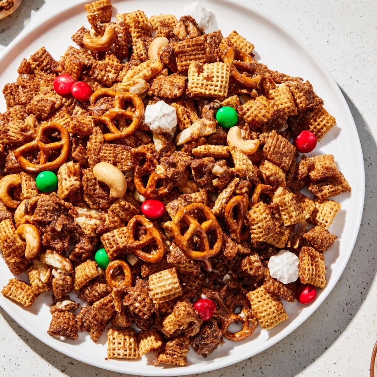 Holiday Mix: a close-up photo shows colorful candies mixed into the crunchy snack mix.