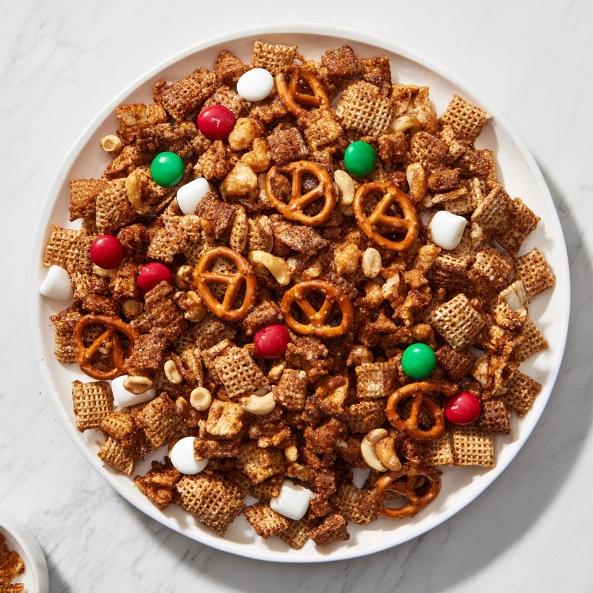 Festive red and green bowl overflowing with delicious Holiday Mix everyone will enjoy.