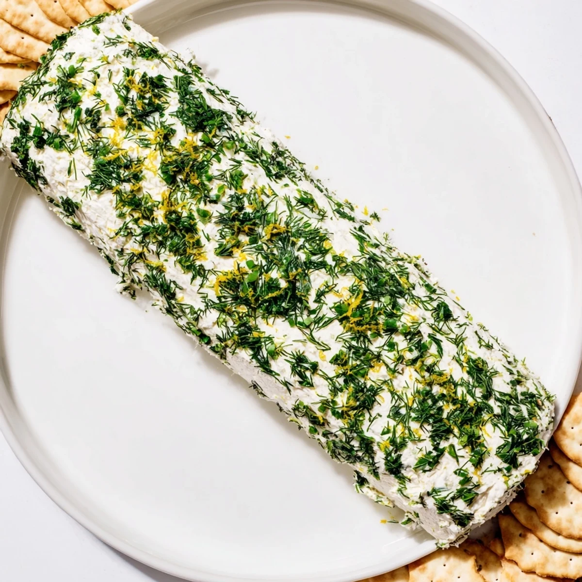Close-up of a vibrant herb-coated cheese log surrounded by a cracker ring, appetizing for serving.