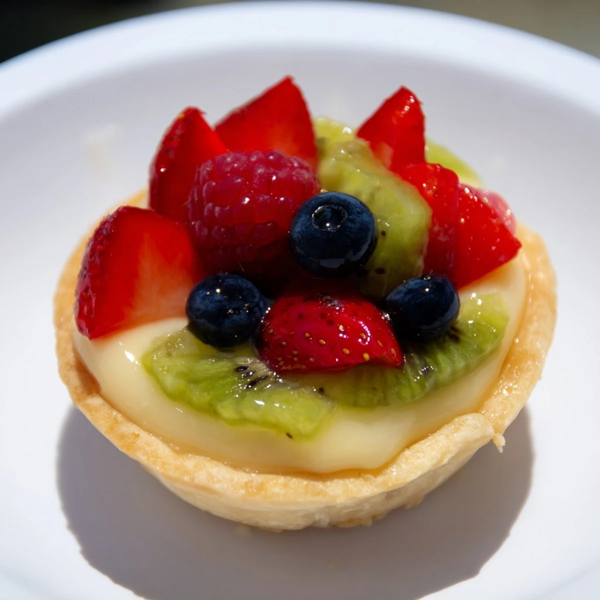 Close-up of vibrant mini fruit tartlets in a circle, filled with pastry cream and fresh berries.
