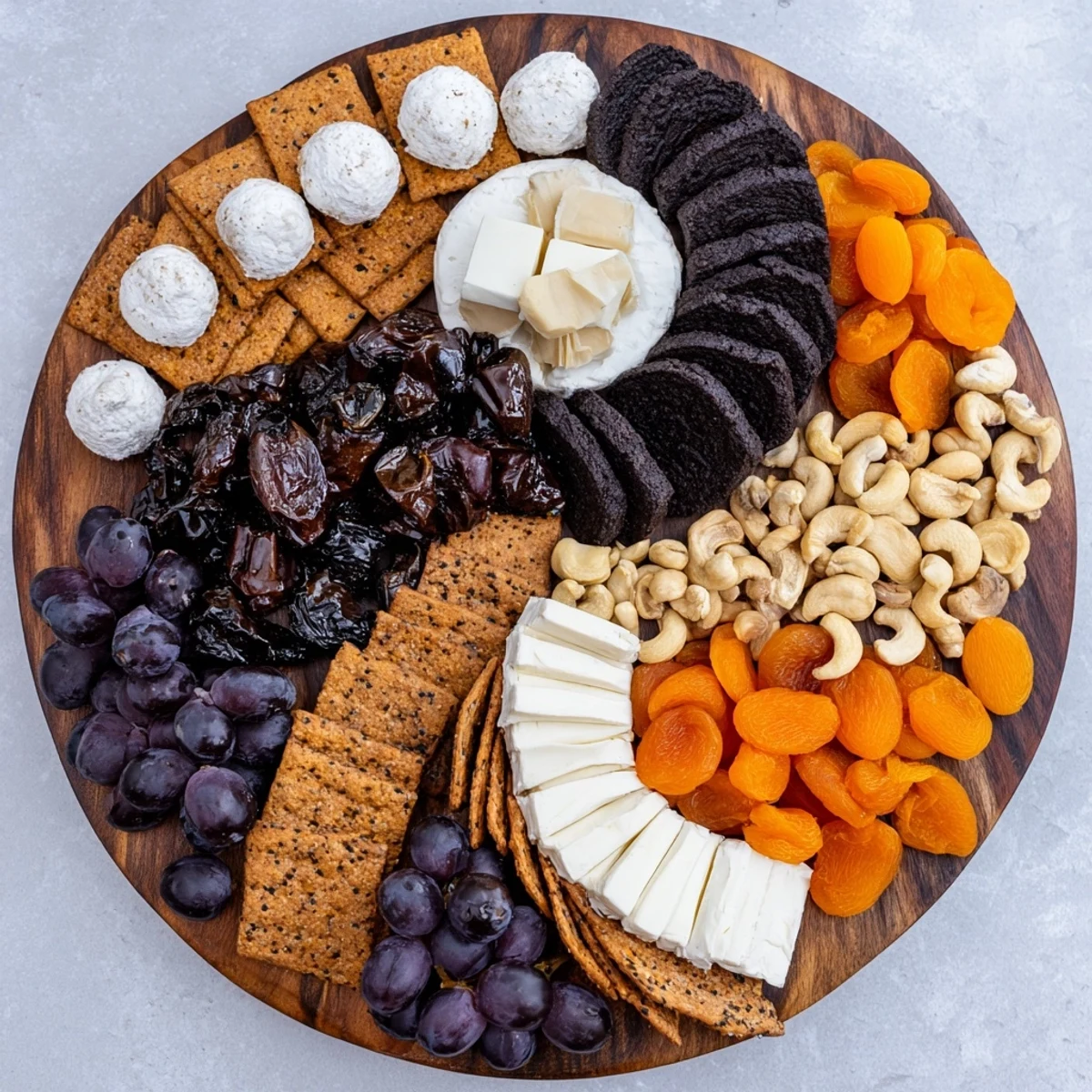 This beautiful Yin and Yang Balance Board showcases contrasting ingredients: black olives, grapes, white cheese, and apricots.