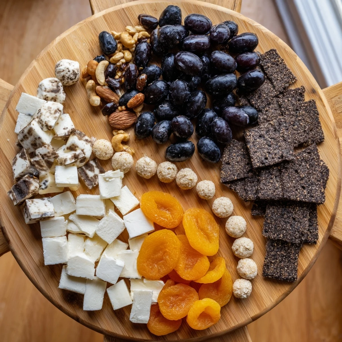 Appetizing Yin and Yang Balance Board arranged with dark olives, cheese, and crackers, ready to serve and enjoy.