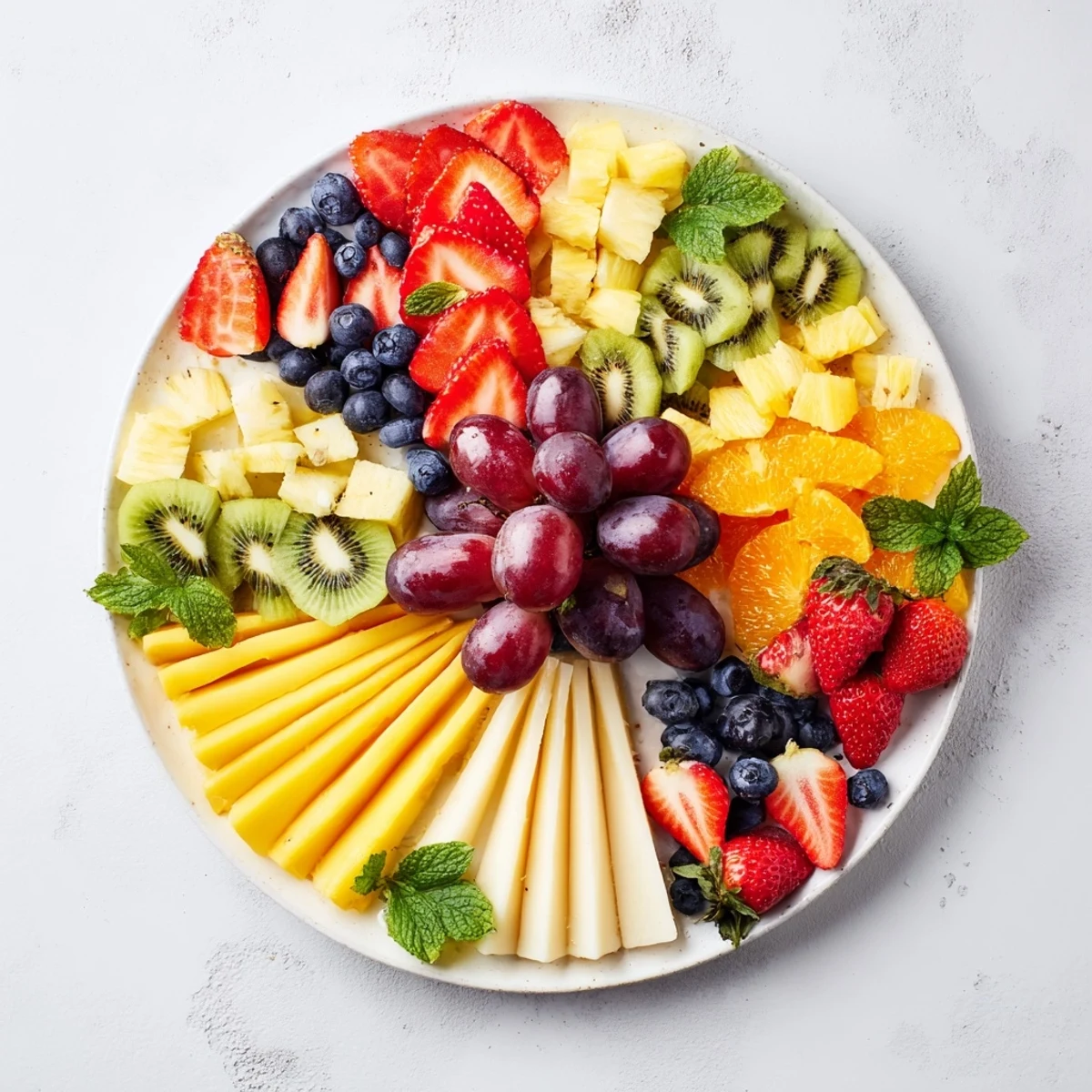 Vibrant fruit and cheese wedges create a stunning Kaleidoscope Circle, perfect for a colorful appetizer platter.