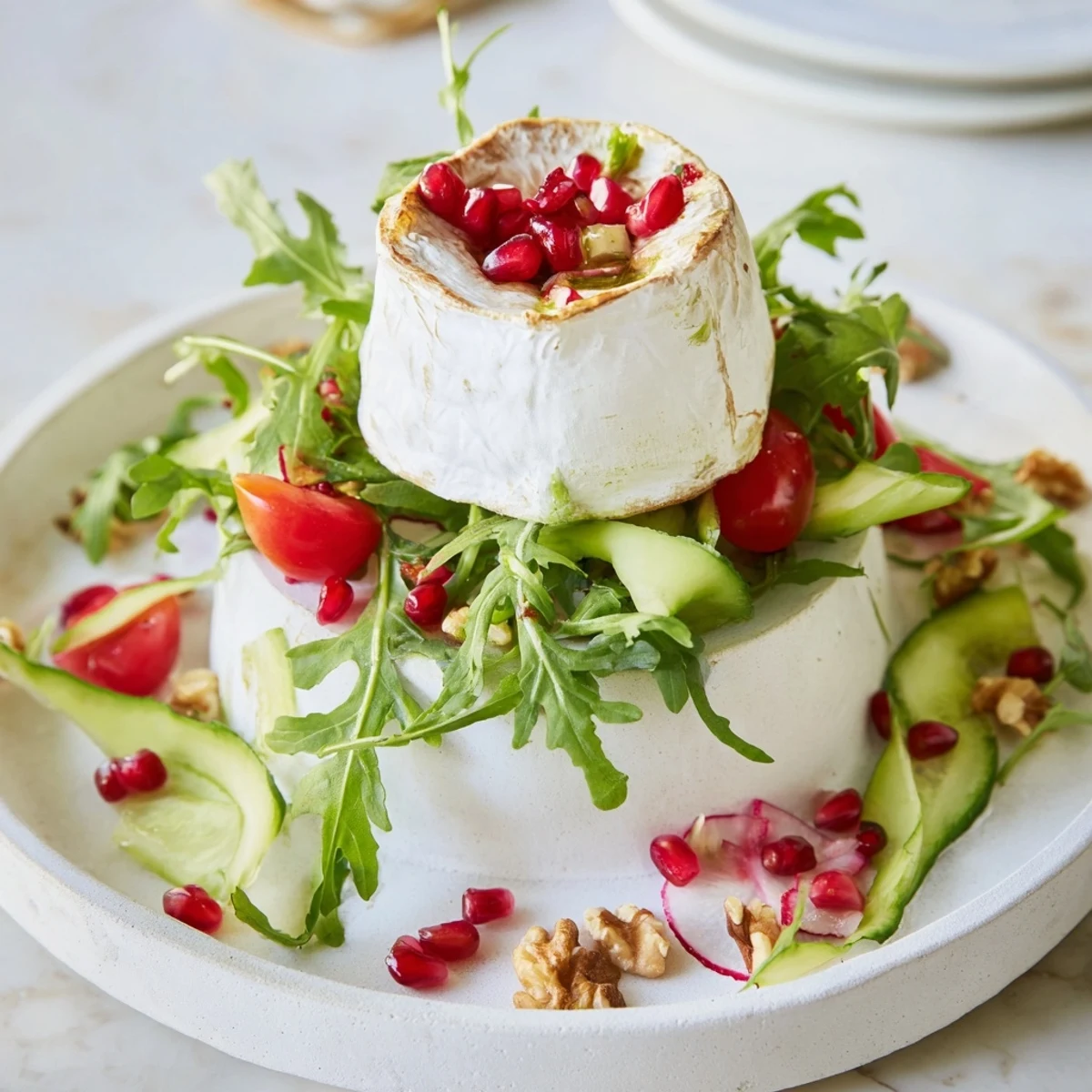Artfully arranged The Zenith Point salad with creamy cheese wheel center for elegant serving.