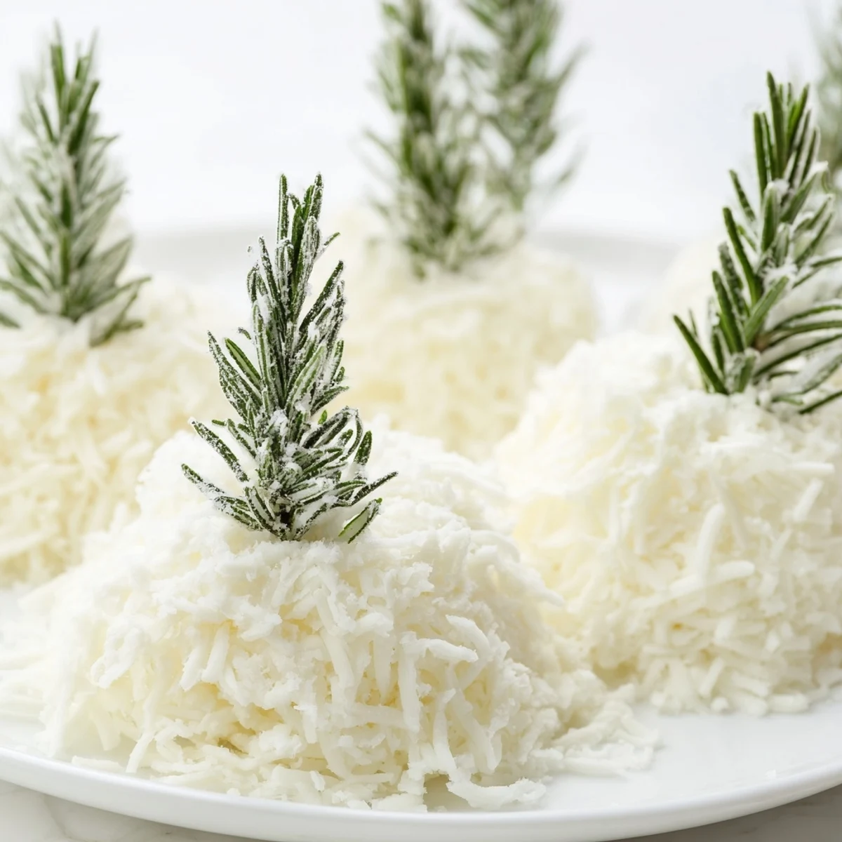 A festive cheese board, featuring sugared rosemary "frosted pine" sprigs and fluffy white cheddar.