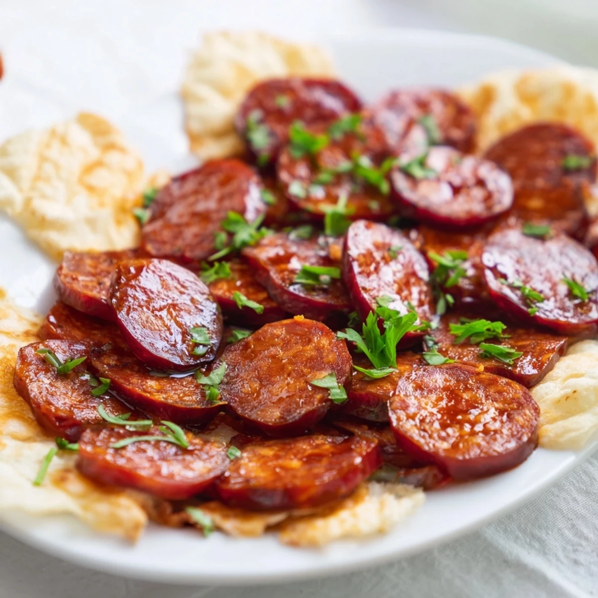 The Crimson Tide appetizer: Spicy chorizo, sweet cherries, and red peppers on crispy white crackers.