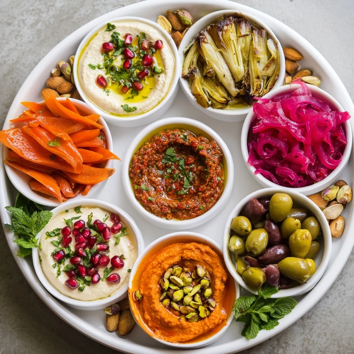 A colorful Moroccan Tile Mosaic appetizer displays dips, vegetables, and olives in tiny bowls for sharing.