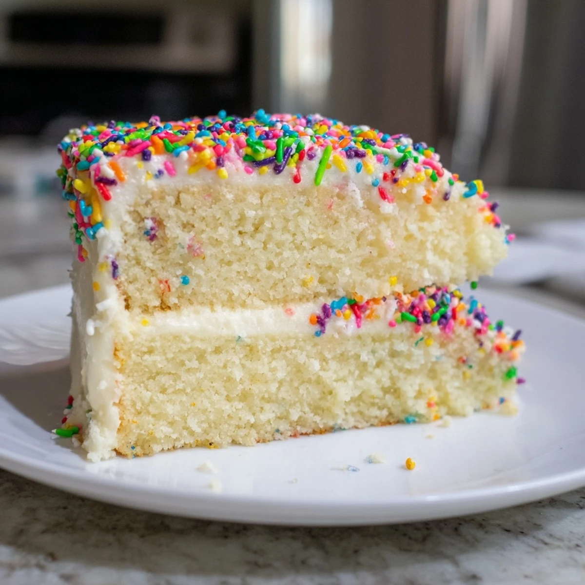 Slice of Happy Birthday Cake, a celebratory dessert topped with colorful sprinkles and creamy frosting.