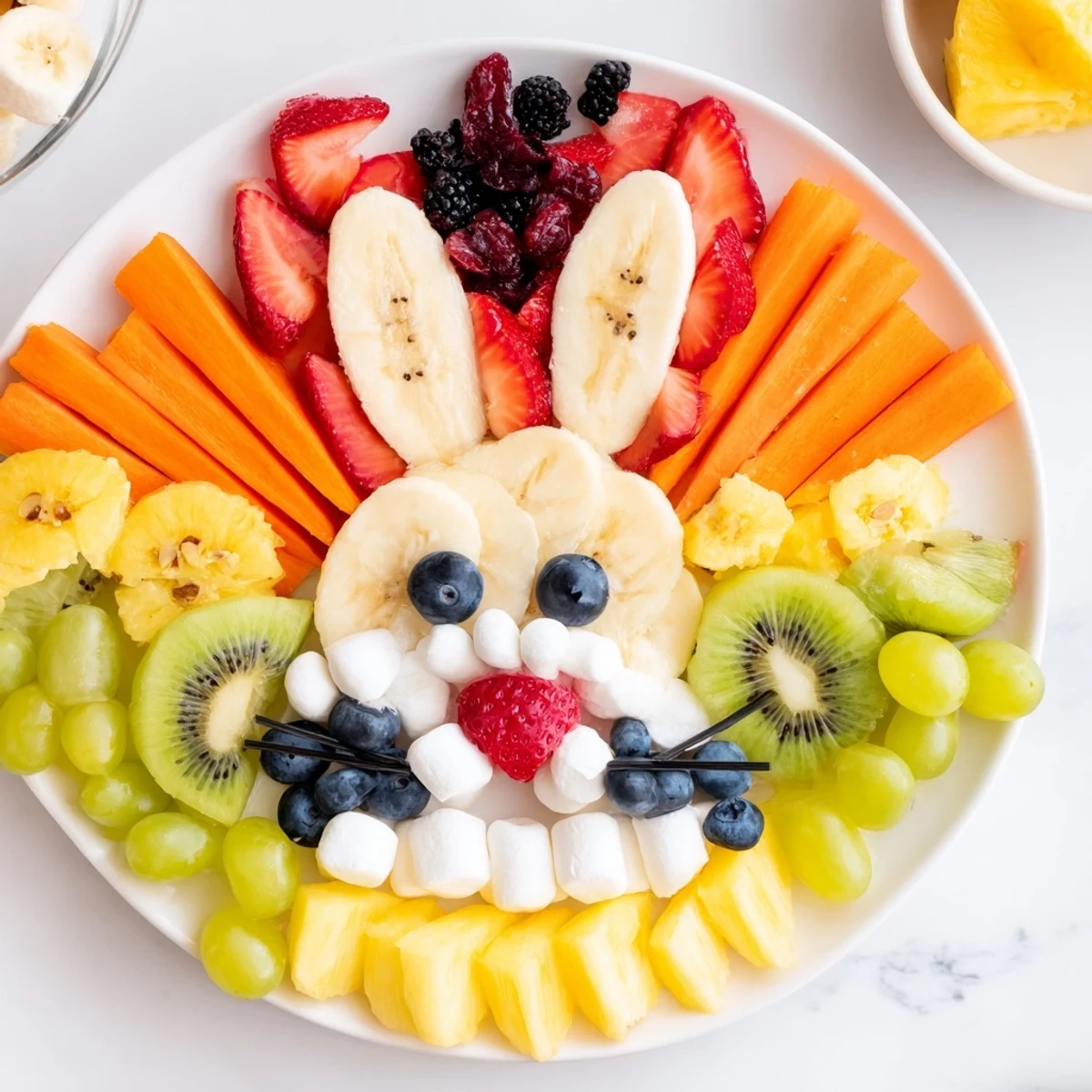 Enjoy a whimsical Bunny Face Fruit Salad Platter, featuring juicy berries and creating a fun, kid-friendly snack.