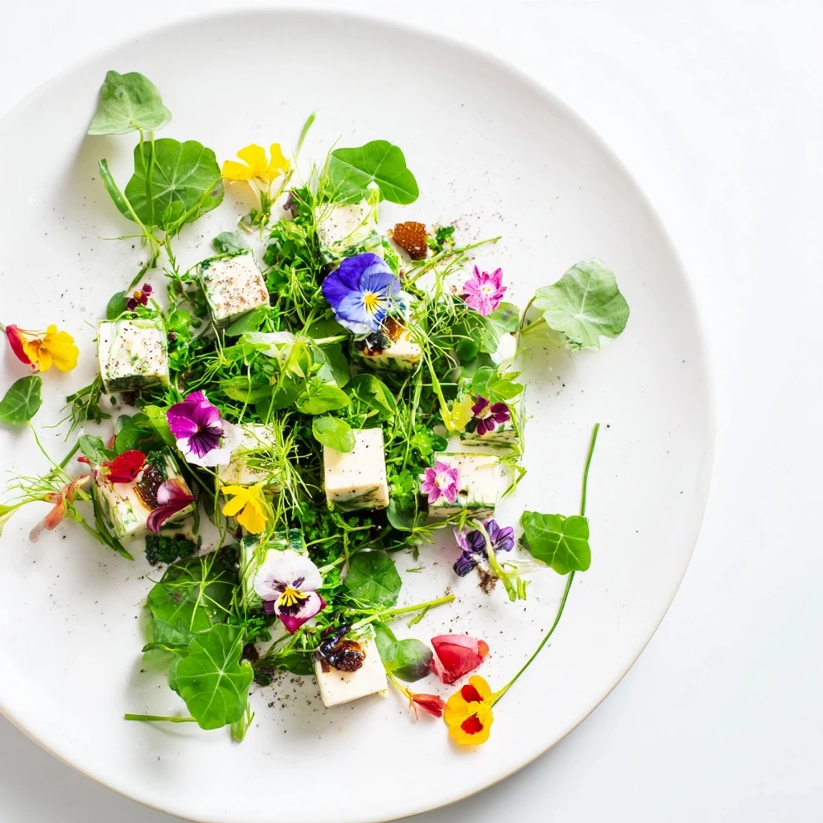 An elegant Secret Garden appetizer, featuring vibrant edible flowers and flavorful cheese treasures.