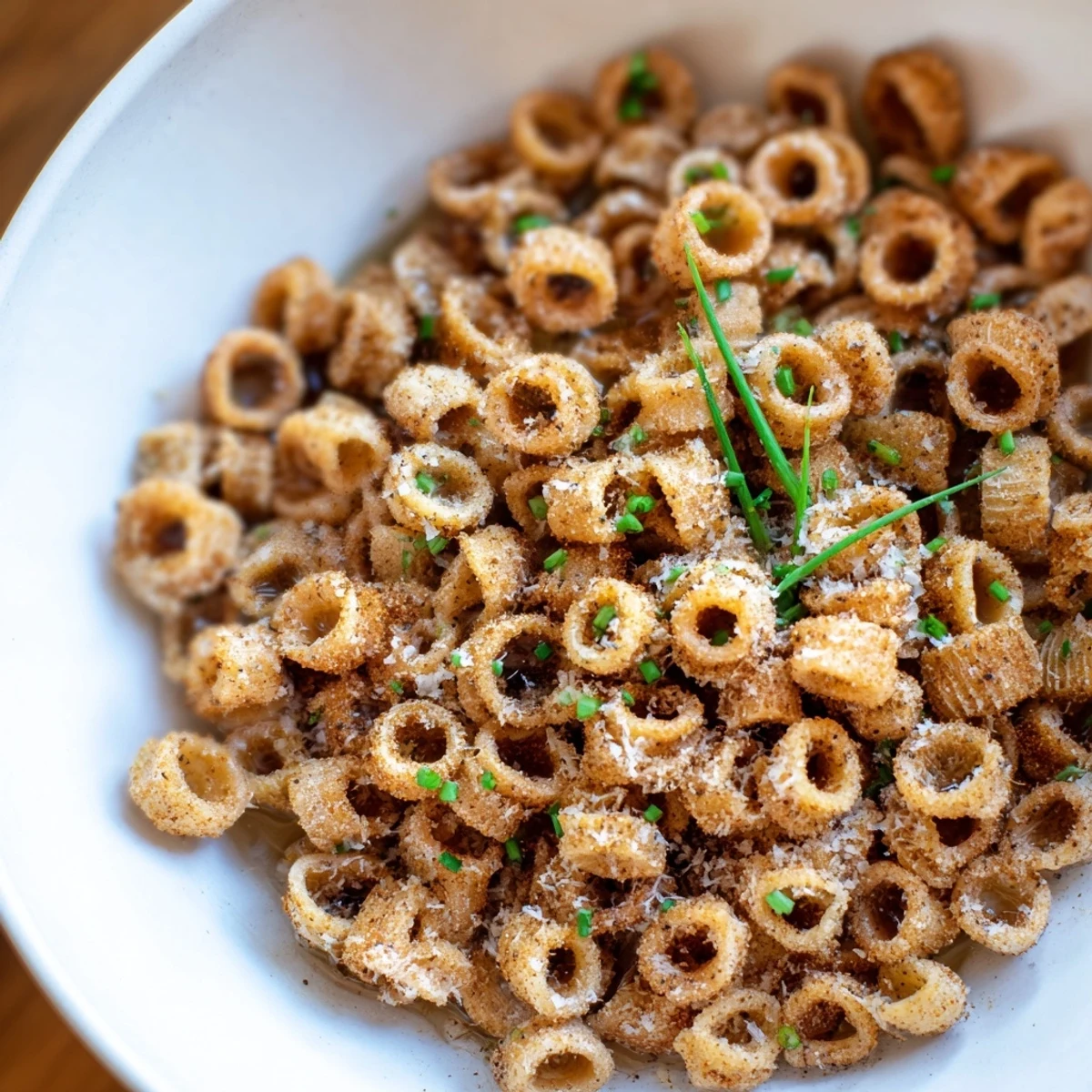 A close-up of pasta chip cereal, offering a comforting, umami-rich breakfast alternative.