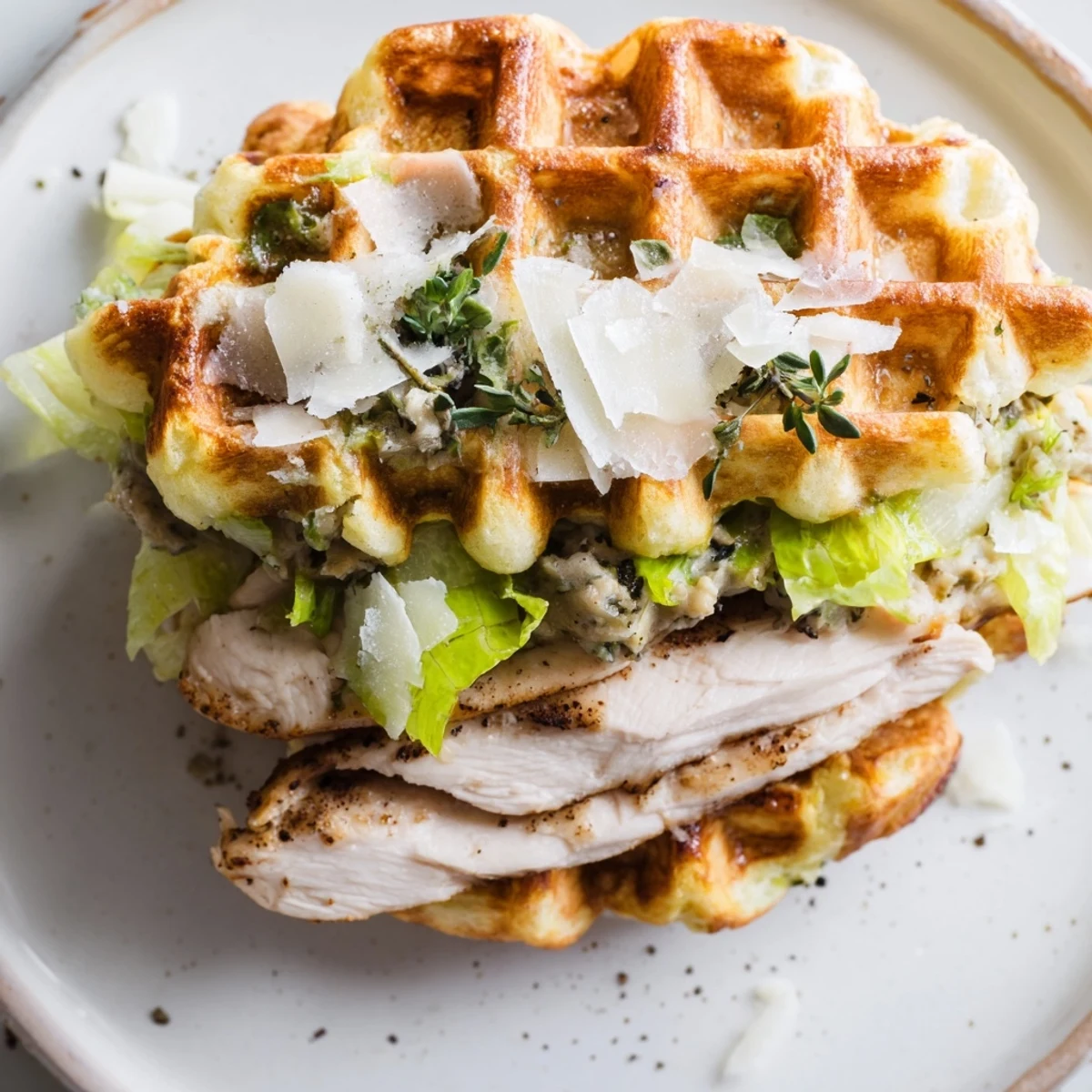 Savory Chicken Caesar Waffle Sandwich, golden brown, with crisp lettuce and juicy grilled chicken visible.