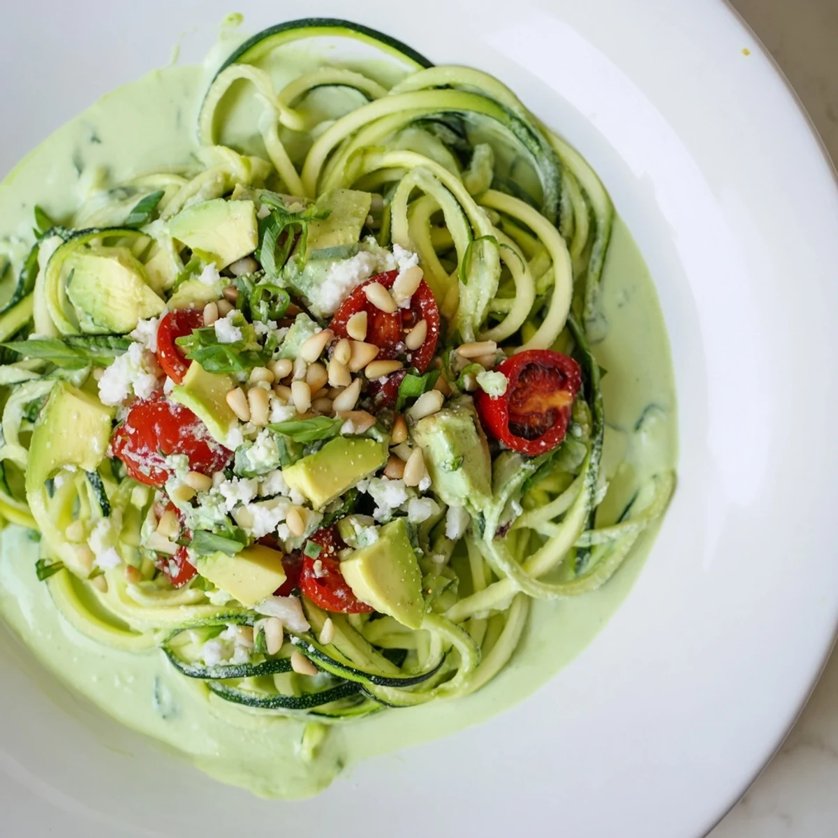 Bright green Green Goddess Zoodle Pasta, tossed in creamy sauce, with tomatoes and avocado.