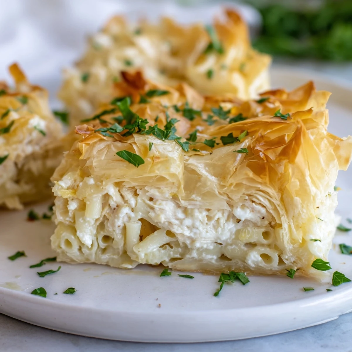 This delicious Chicken and Pasta Crinkle Cake shows a perfectly baked, savory main course with a flaky crust.
