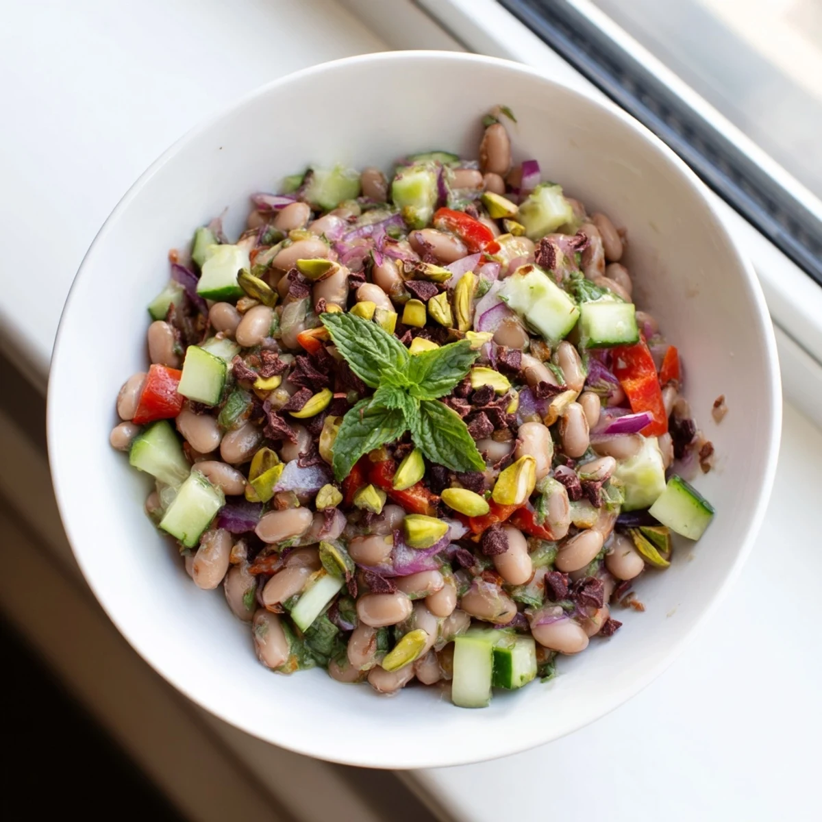Savory and sweet Dense Bean Salad with Dubai Chocolate Notes, ready to serve in a bright bowl.