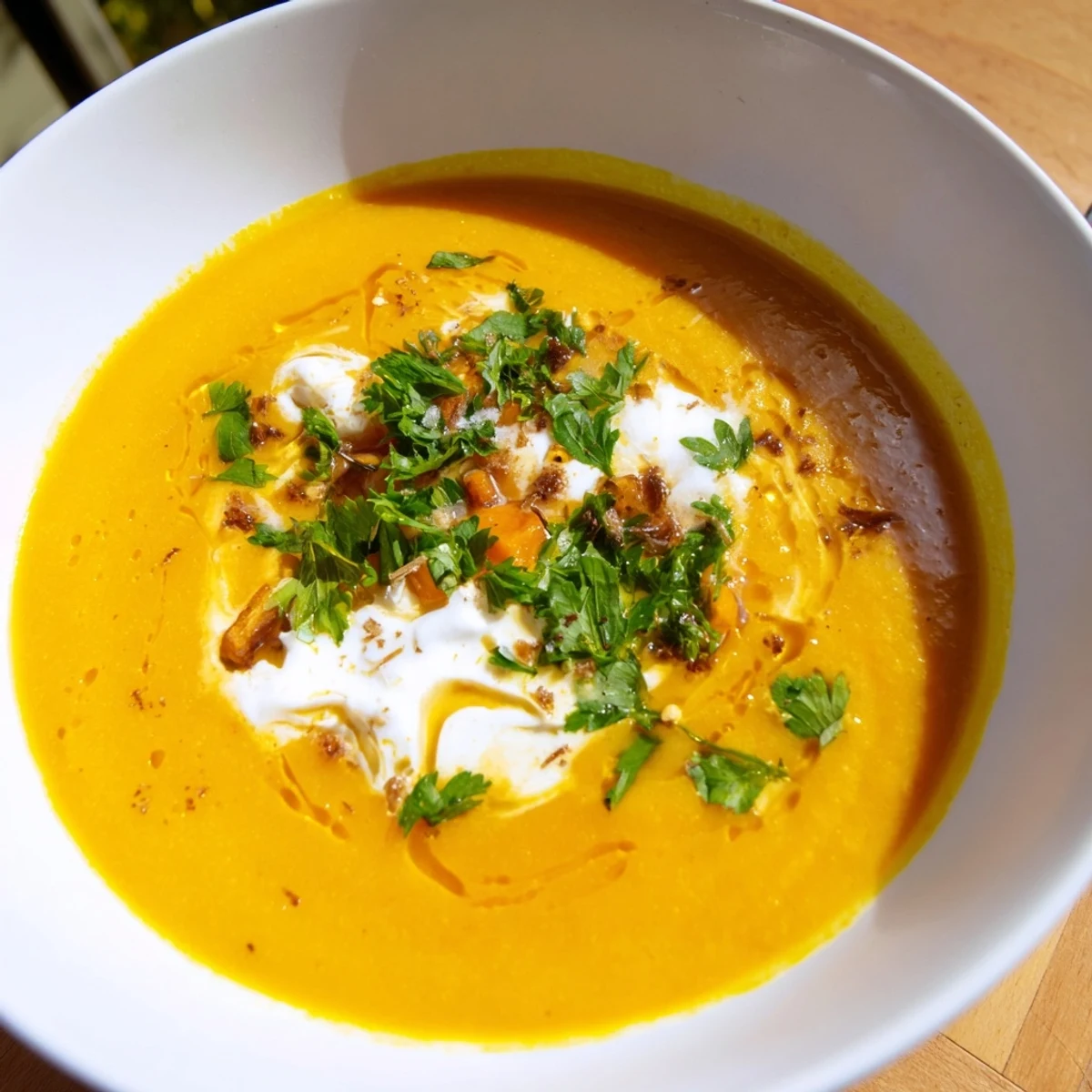 Creamy Sweet Maple Carrot Soup, garnished with vibrant parsley, perfect for a cozy dinner.
