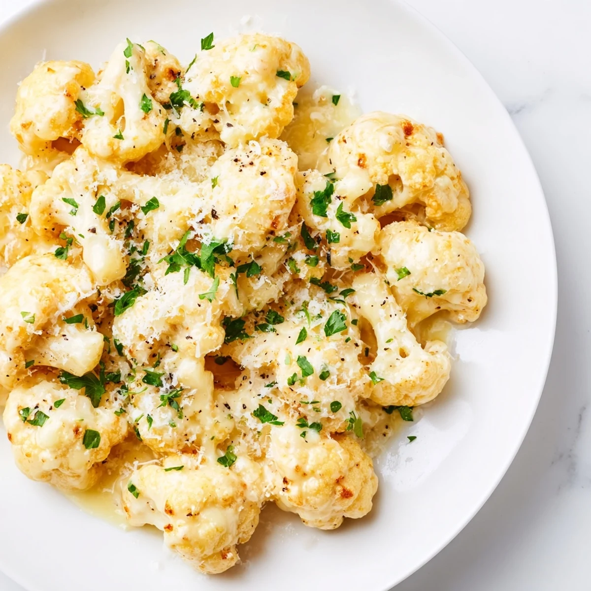 A bubbly casserole of Cheesy Cauliflower Mac with a golden cheesy topping, ready to serve.