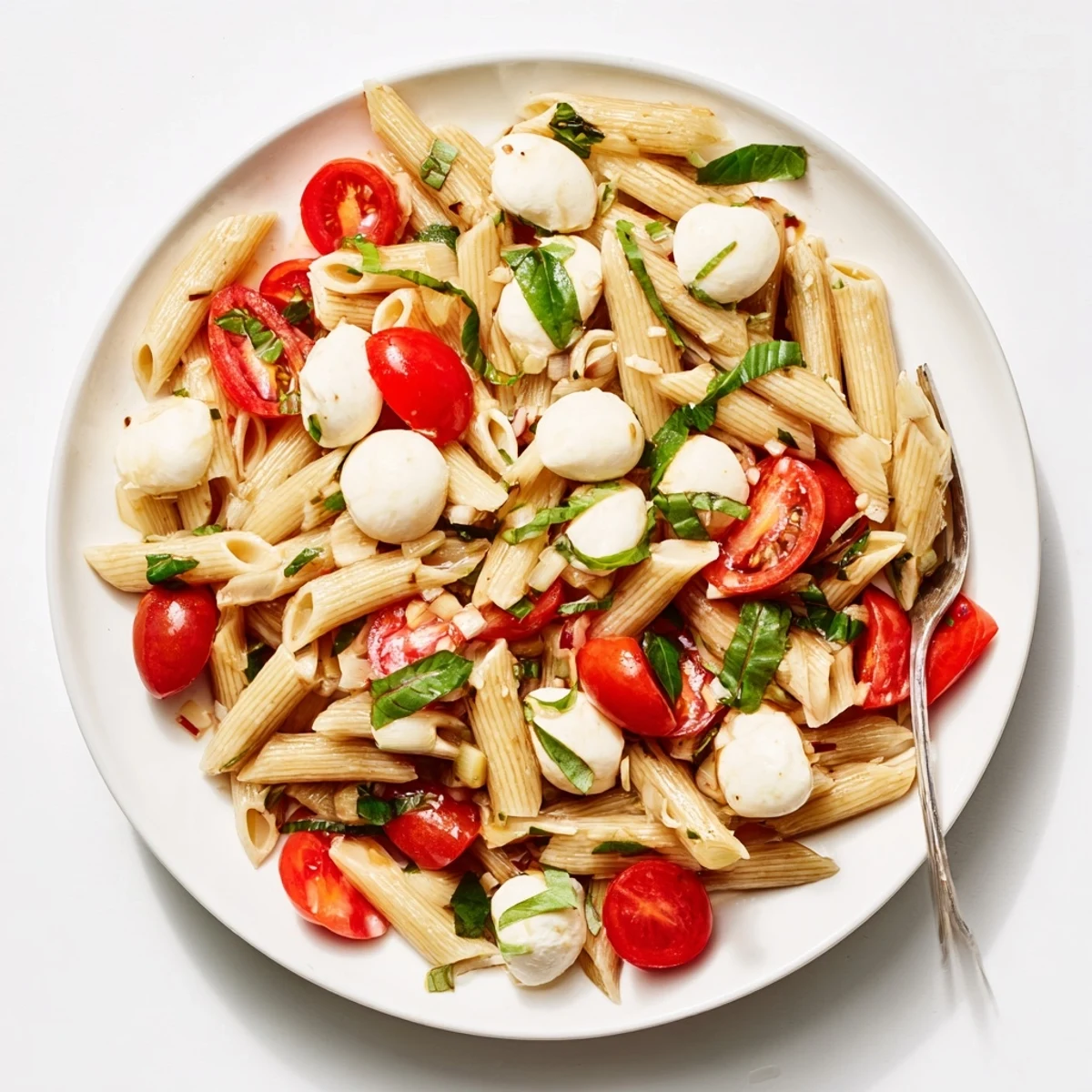 A bowl of bright Caprese Pasta Salad: a refreshing vegetarian lunch option.