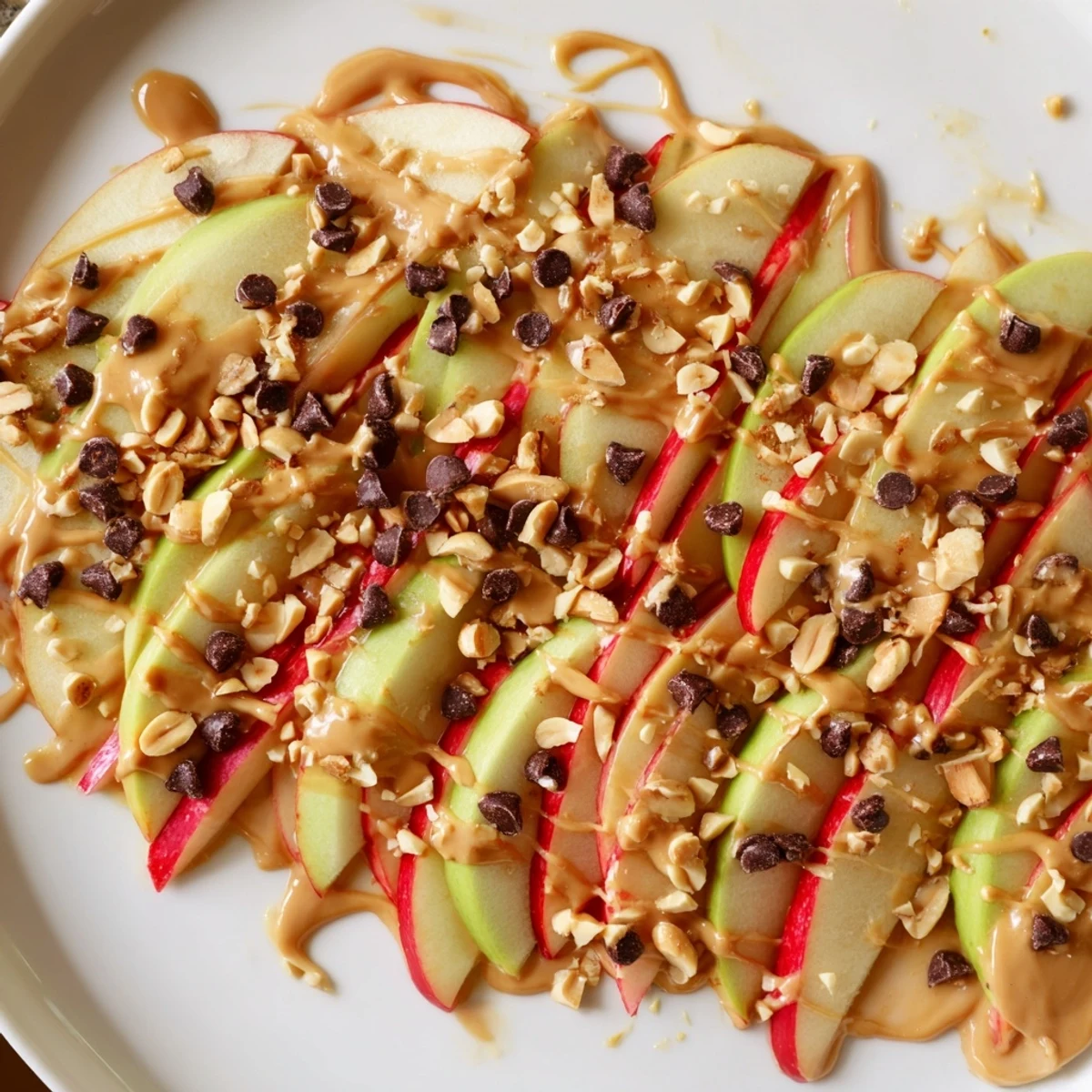 Sweet honey drizzled over Peanut Butter Apple Nachos with chopped peanuts and chocolate chips, a treat.